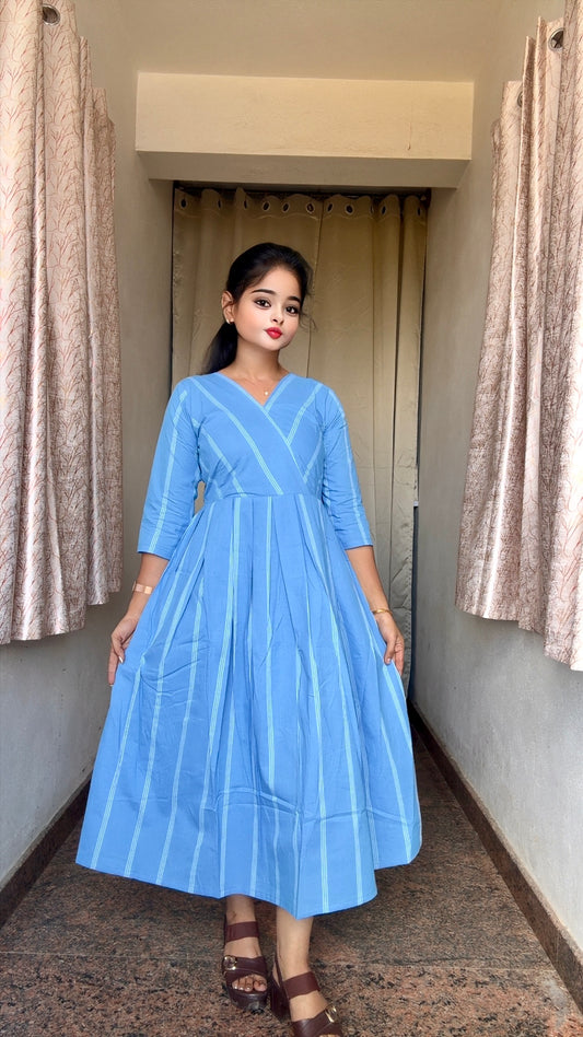 Serene Blue & White Striped Handloom Dress