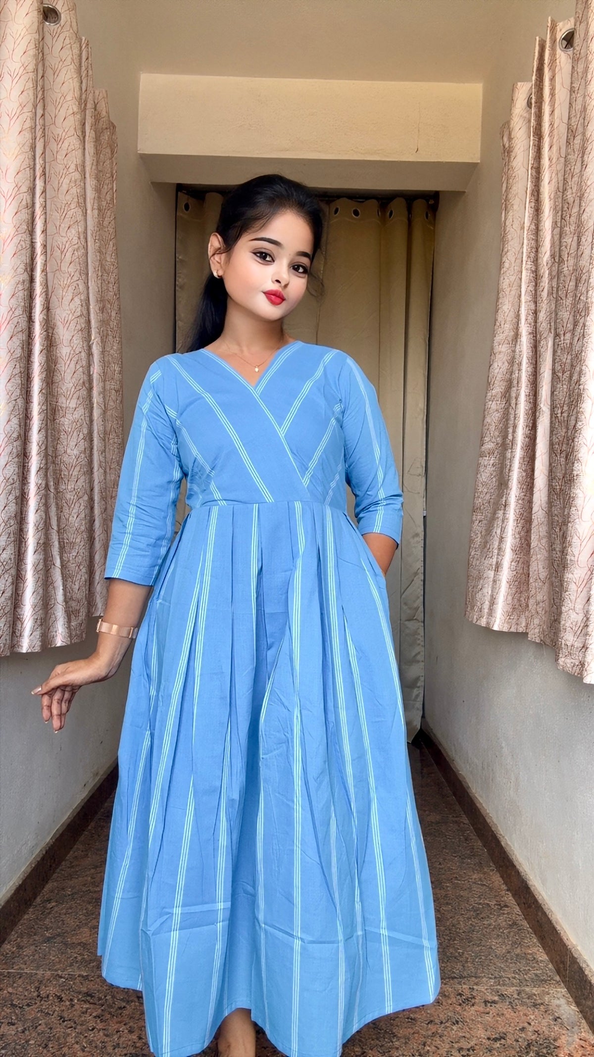 Serene Blue & White Striped Handloom Dress