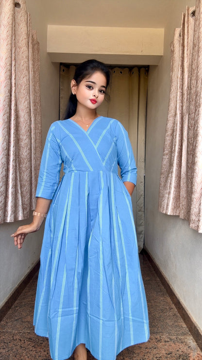 Serene Blue & White Striped Handloom Dress