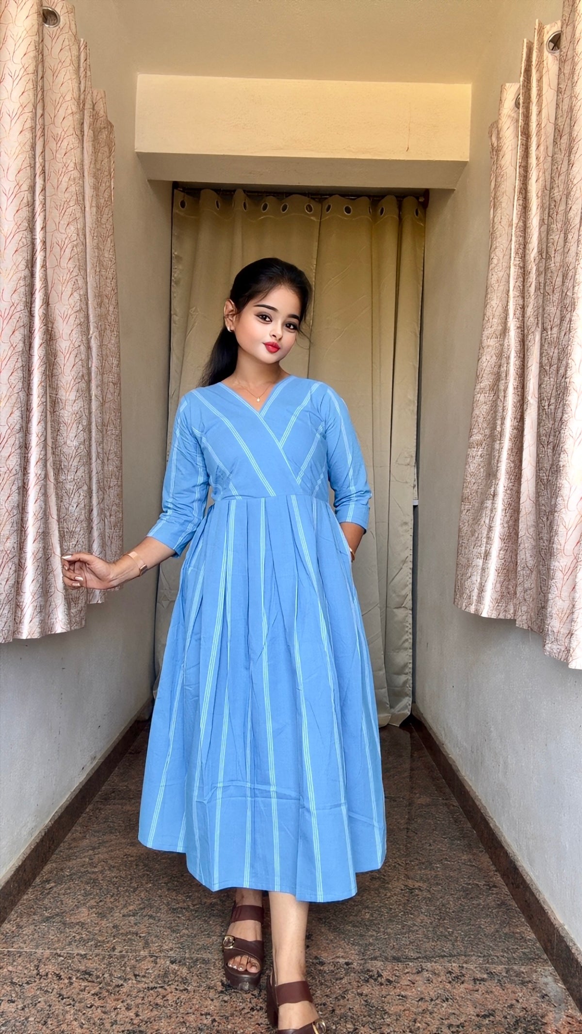 Serene Blue & White Striped Handloom Dress