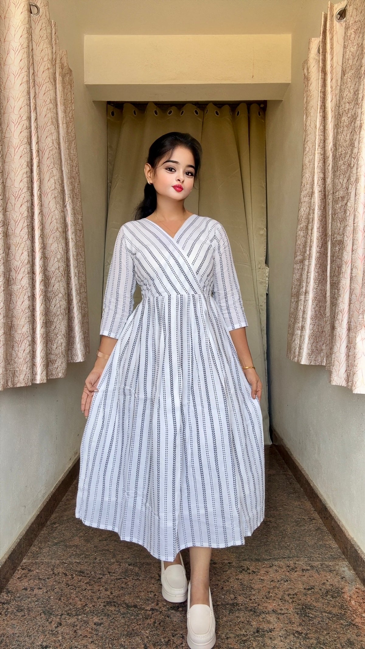 White & Black Arrow Stripe Handloom Dress