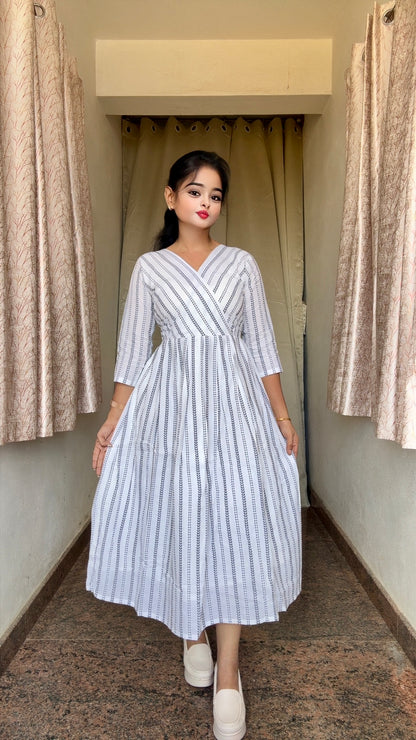 White & Black Arrow Stripe Handloom Dress