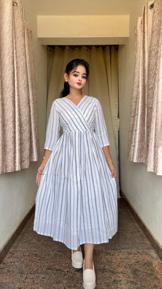 White & Black Arrow Stripe Handloom Dress