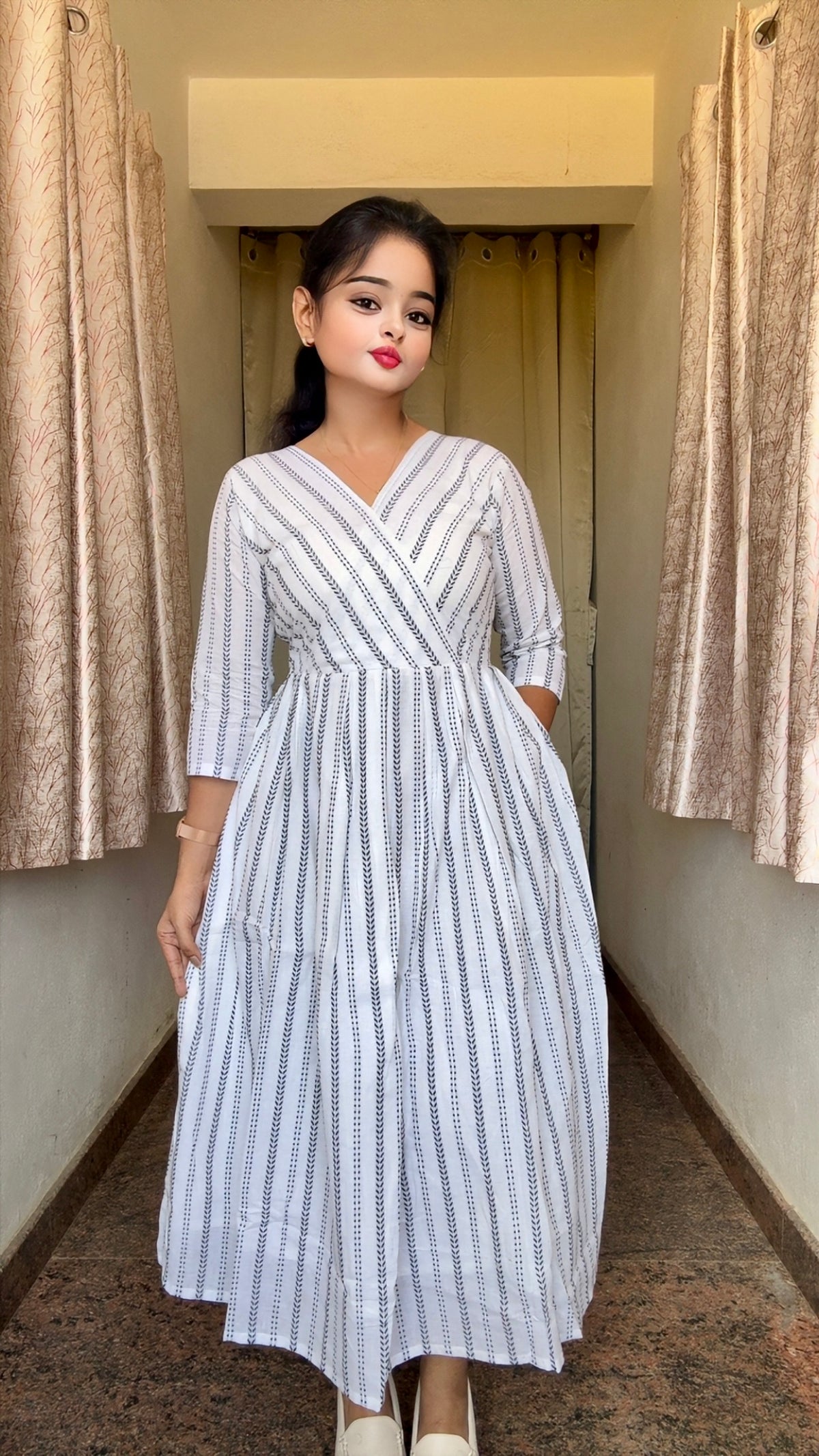 White & Black Arrow Stripe Handloom Dress