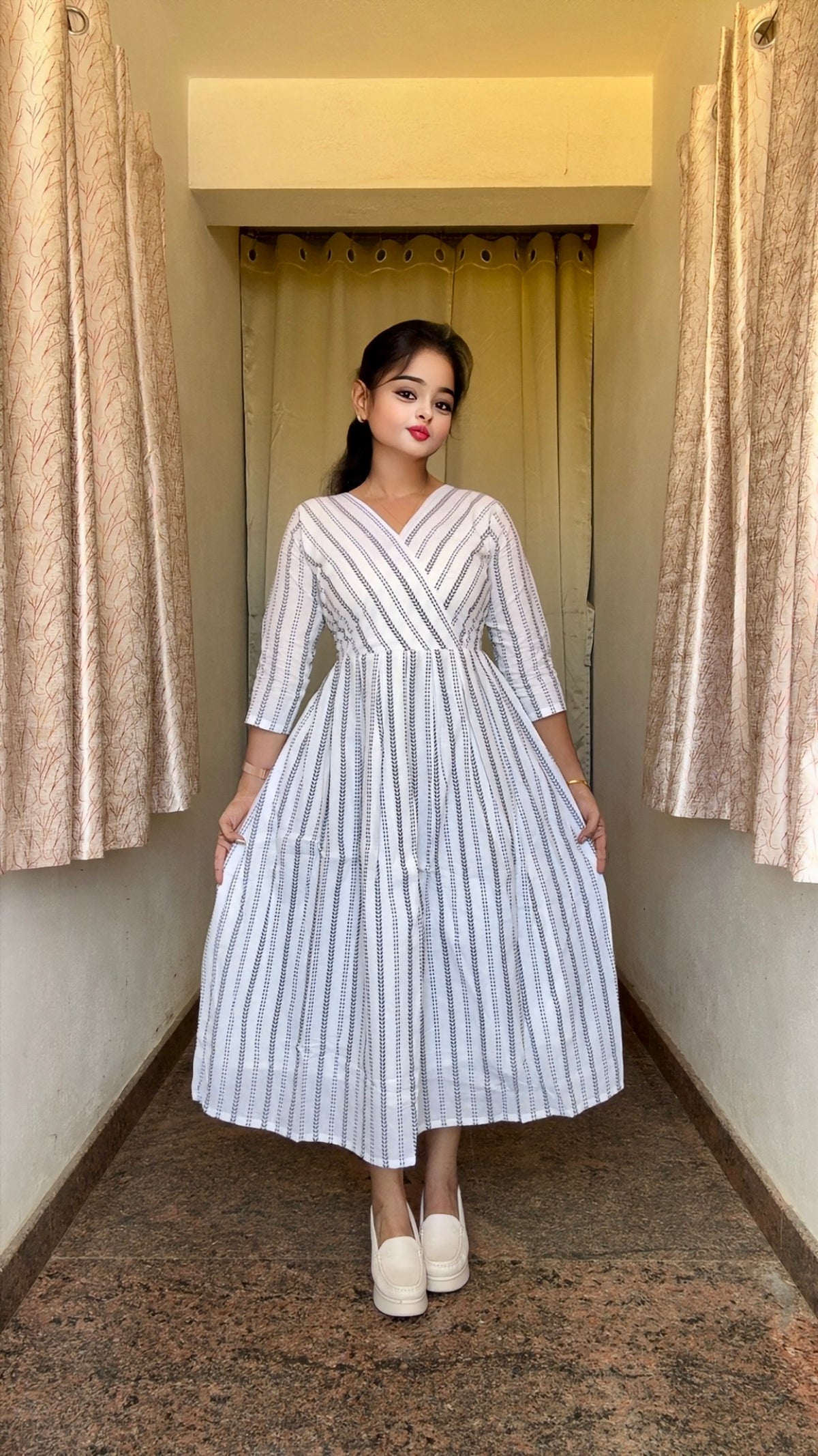 White & Black Arrow Stripe Handloom Dress