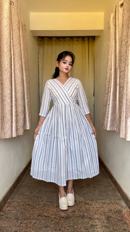 White & Black Arrow Stripe Handloom Dress