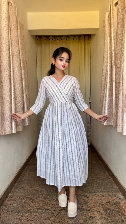 White & Black Arrow Stripe Handloom Dress