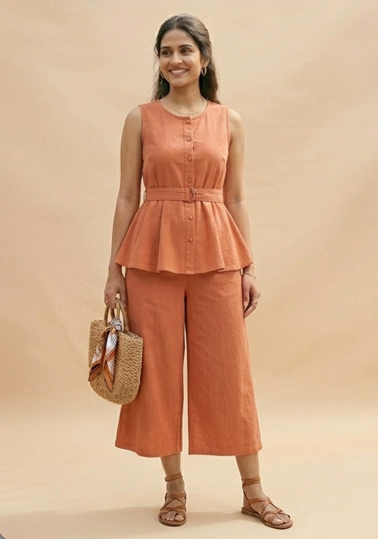 The Terracotta Cotton-Linen Peplum Top